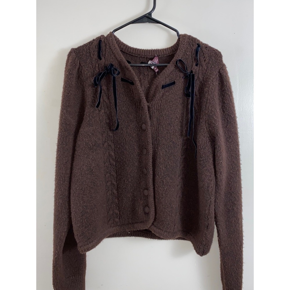 WAYF x Sara Walker Cardigan Women XL Brown Velvet Bow Cable Knit Sweater Cottage